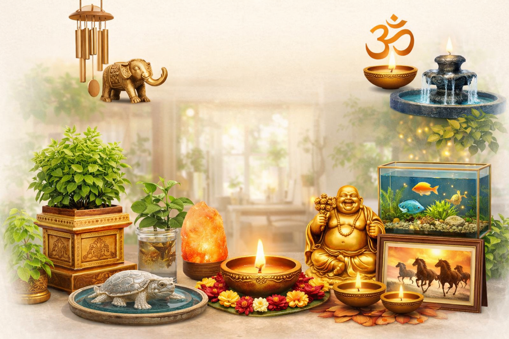Vastu items for home including Tulsi plant, money plant, tortoise, Laughing Buddha, aquarium, and diya for wealth and positive energy