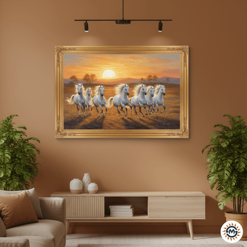 Vastu painting of seven white galloping horses on a terracotta wall above a wooden console.