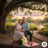 Couple aligning with cosmic harmony: A man and woman laughing on a garden swing at golden hour, symbolizing love and astrological balance