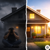 Split image showing two houses—left side dark and gloomy with a stressed man sitting and holding his head, right side bright and glowing house with warm light and positive atmosphere