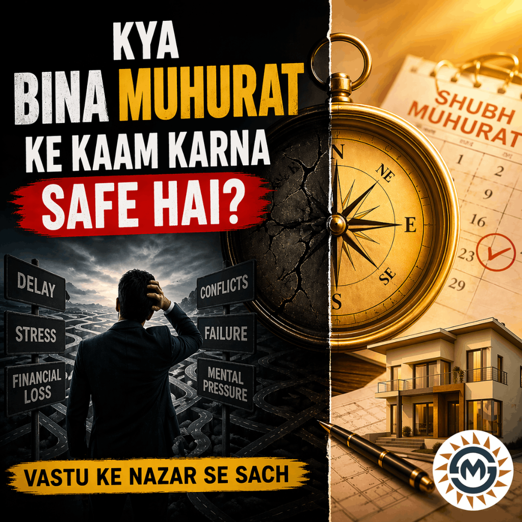 Bina muhurat ke kaam karne se hone wale vastu problems jaise financial loss, stress, delay aur failure ko dikhata blog thumbnail