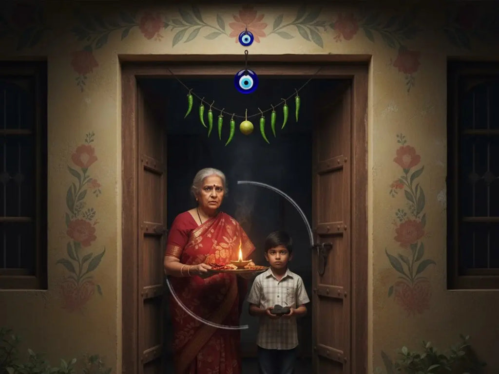 An elderly woman in a red saree and a young boy stand in a traditional Indian doorway, performing a ritual. The woman holds a lit diya (oil lamp), while the boy holds a small offering