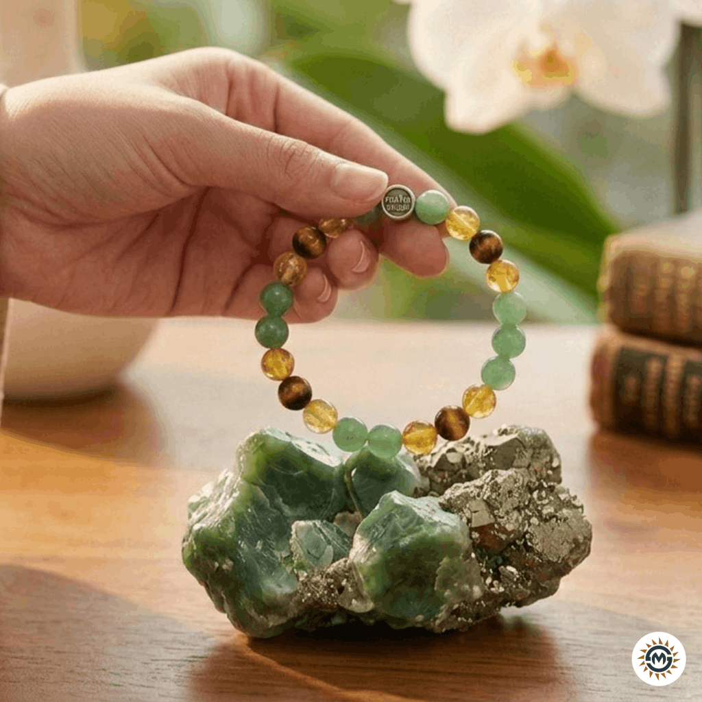 Money Magnet Bracelet with Citrine, Aventurine, and Tiger’s Eye crystals for wealth manifestation, displayed over a raw green jade and pyrite stone.