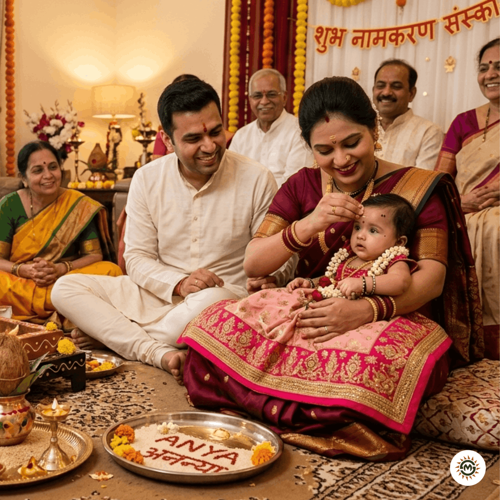 Traditional Hindu Baby Namkaran Sanskar ceremony with parents, family, and priest around a hawan kund; featuring a wooden nameplate for 'Ananya' in English and Hindi.