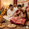 Traditional Hindu Baby Namkaran Sanskar ceremony with parents, family, and priest around a hawan kund; featuring a wooden nameplate for 'Ananya' in English and Hindi.