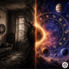 Split concept image showing dark damaged house (vastu negative energy) and cosmic planets with zodiac wheel (grah dosh)