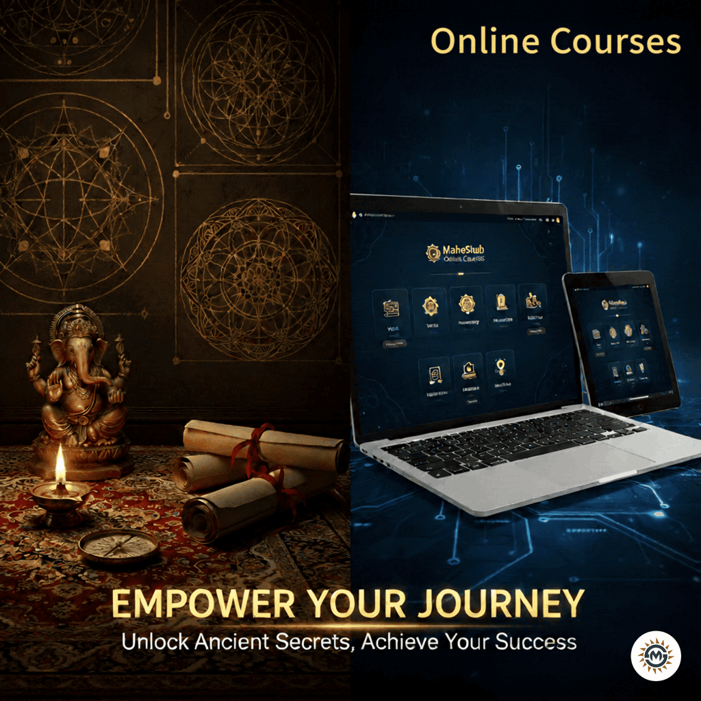 Digital learning concept for MahaShubh Online Courses featuring a split screen of traditional Vastu elements like a Ganesha idol and scrolls alongside a modern laptop and tablet showing a spiritual learning platform.