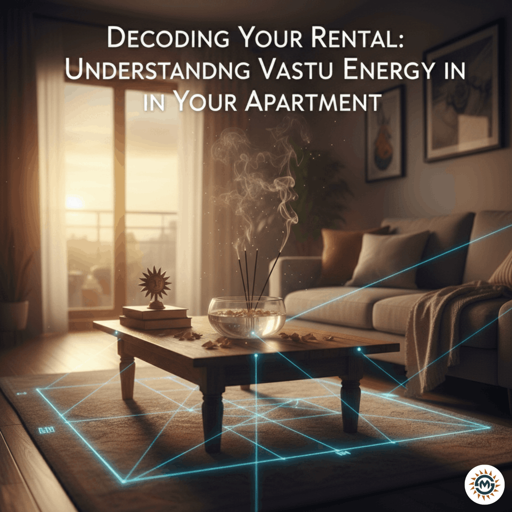 Modern rental living room with a glowing geometric Vastu grid on the rug, a water bowl on a wooden table, and a title overlay: Decoding Your Rental: Understanding Vastu Energy in Your Apartment
