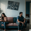 A couple sitting apart in a room with digital clutter and Vastu defects causing relationship instability