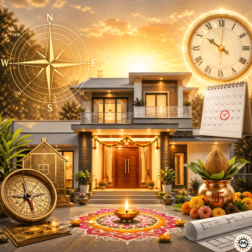 Vastu Shastra aur Shubh Muhurat ke combination ko dikhata modern ghar ka illustration jisme compass, clock aur calendar ke through timing aur direction mismatch highlight ho raha hai