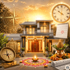 Vastu Shastra aur Shubh Muhurat ke combination ko dikhata modern ghar ka illustration jisme compass, clock aur calendar ke through timing aur direction mismatch highlight ho raha hai