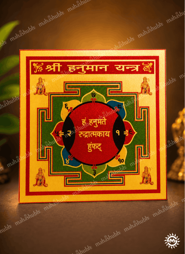 A square Shri Hanuman Yantra card or plaque featuring a colorful traditional Indian design with red, green, yellow, and black geometric patterns, Devanagari text, and small deity illustrations, displayed on a dark surface with warm lighting.