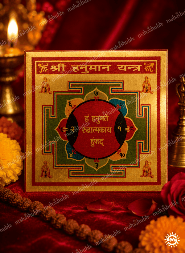 A square Shri Human Yantra plaque with intricate gold, red, and green traditional Indian designs and Sanskrit text, displayed on a red fabric altar with a brass bell and marigold flowers.
