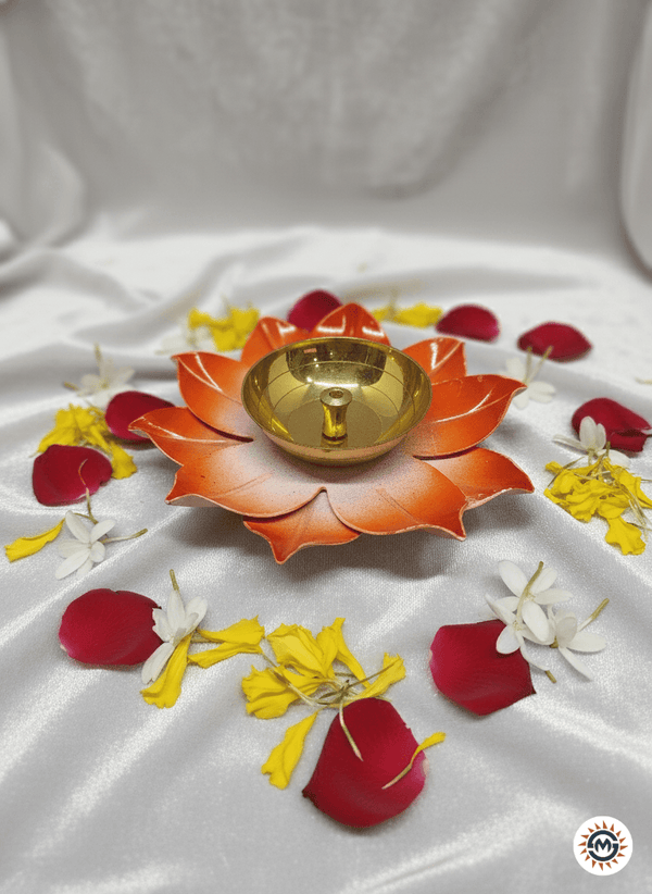 Flower Shaped Brass Diya (Orange)
