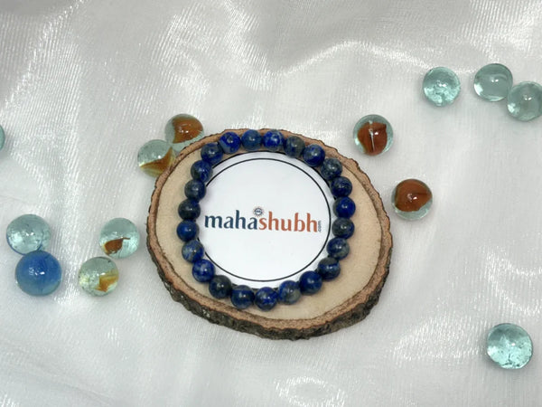 Natural Lapis Lazuli bracelet from Mahashubh with deep royal blue beads and golden pyrite flecks for wisdom and communication