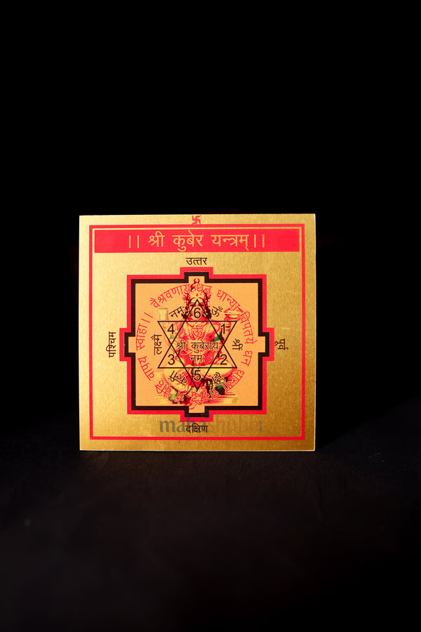A colorful Shri Kuber Yantra poster with geometric designs and Sanskrit script on a dark background.