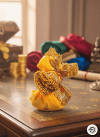 Decorative yellow and gold item on a wooden surface with colorful fabrics in the background
