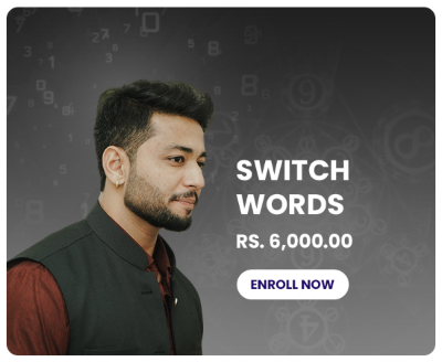 Man with text 'Switch Words' and price 'RS. 6,000.00' on a dark background