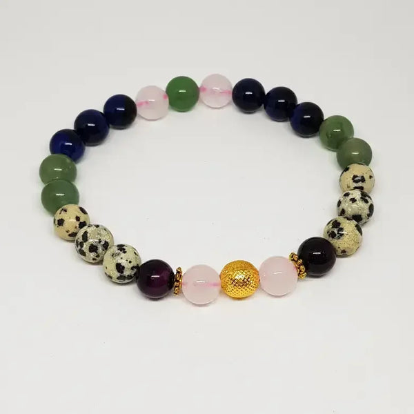 Multicolored beaded bracelet on a white background