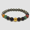 Bracelet with multicolored beads including a gold bead on a white background