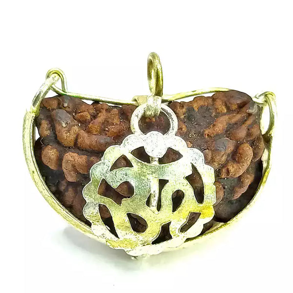 A small, oval-shaped 1 Mukhi Rudraksha from Java, featuring a smooth, light-brown surface and one distinct natural line. The bead is often shown encased in a silver or gold pendant frame