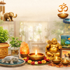 Vastu items for home including Tulsi plant, money plant, tortoise, Laughing Buddha, aquarium, and diya for wealth and positive energy