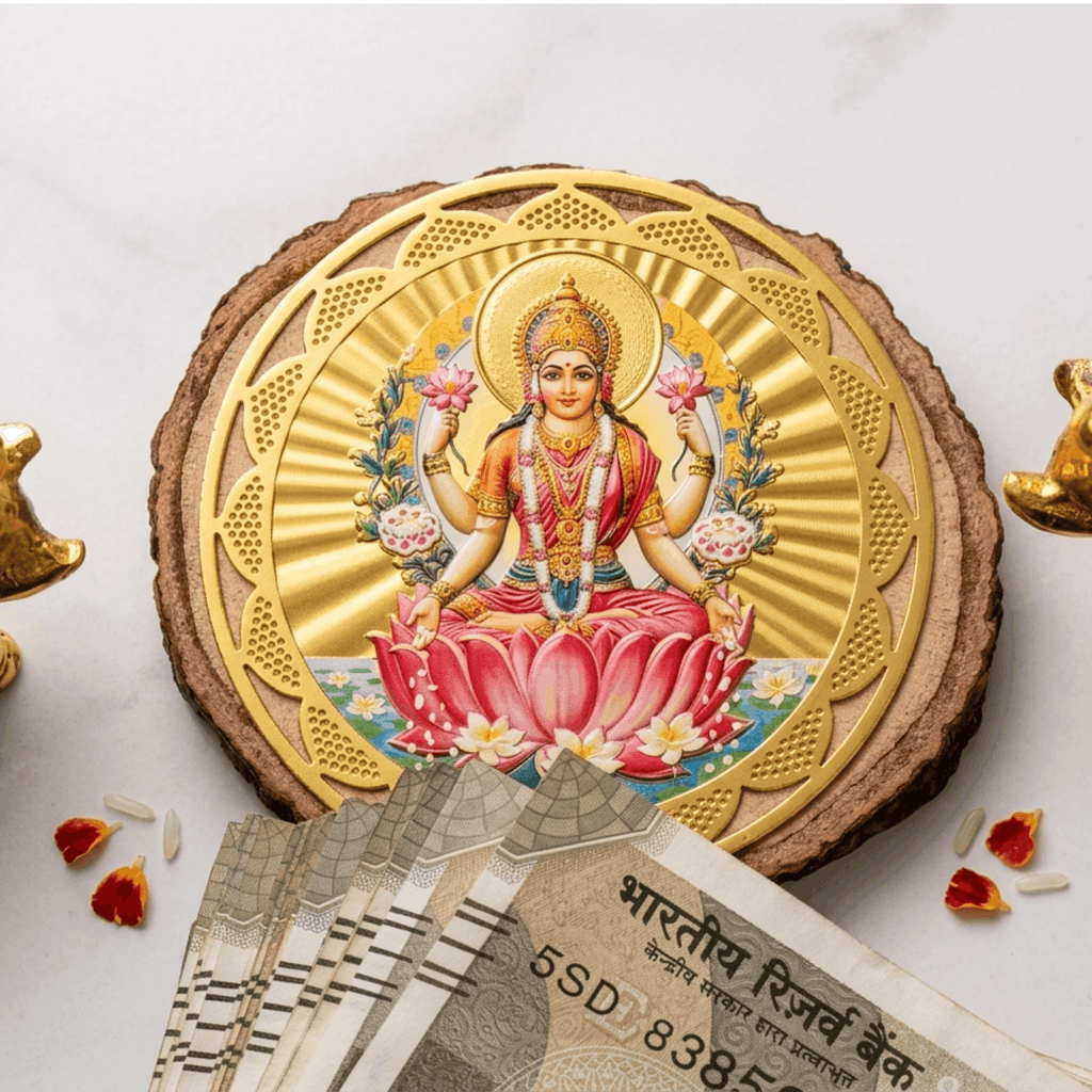 A gold-colored Yantra featuring an image of Goddess Lakshmi with a lotus flower, surrounded by two golden figurines, against a white background with a denomination note and a coin.
