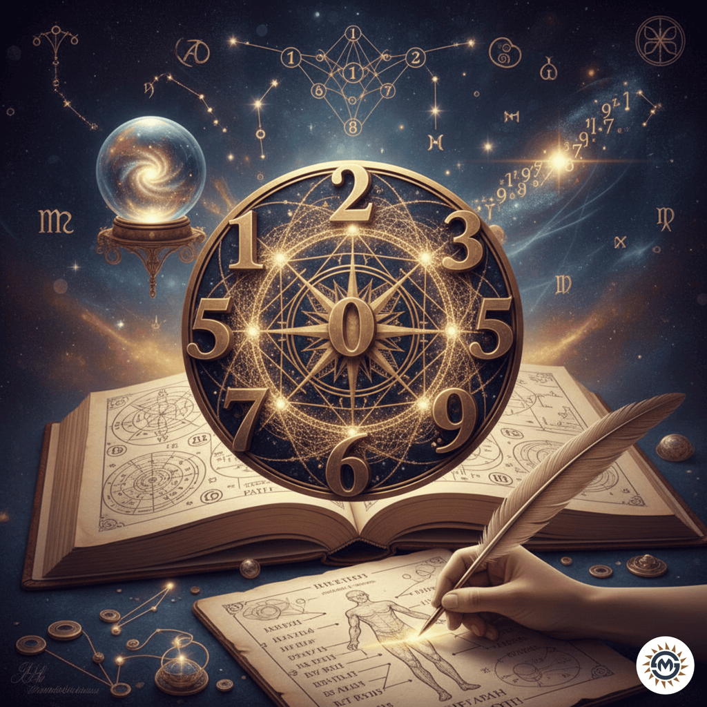 A 3x3 numerology grid showing the numbers 1 through 9 arranged in rows, used for calculating personality traits based on a birth date.