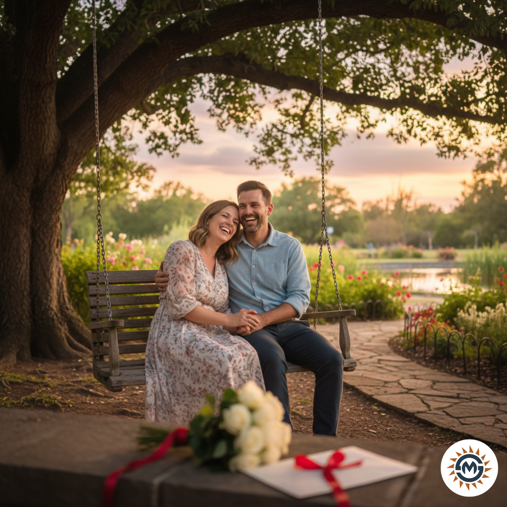 Couple aligning with cosmic harmony: A man and woman laughing on a garden swing at golden hour, symbolizing love and astrological balance
