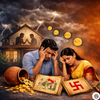 Indian couple worried about financial problems and family conflict at home, coins spilling from pot symbolizing money loss and stress
