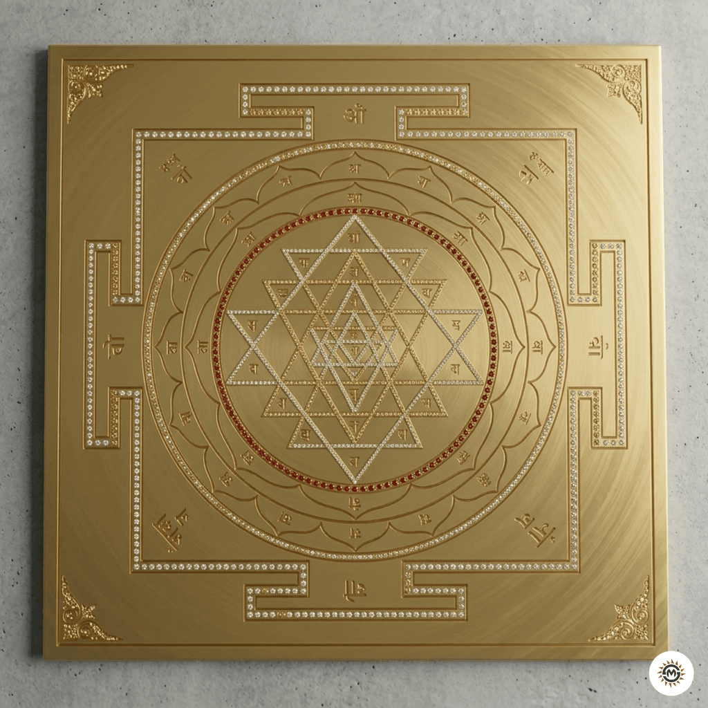 A top-down, square-format view of a flat, gold-plated Sri Yantra. The design features intricate sacred geometry with interlocking triangles at the center, surrounded by lotus petals and a square outer border with four T-shaped gates.