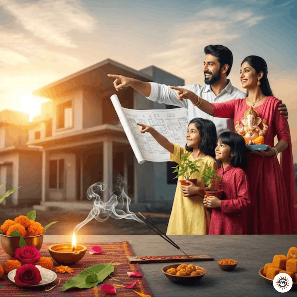Happy Indian family performing Bhoomi Pujan for their new home in 2026 with Ganesha idol and Vastu elements.
