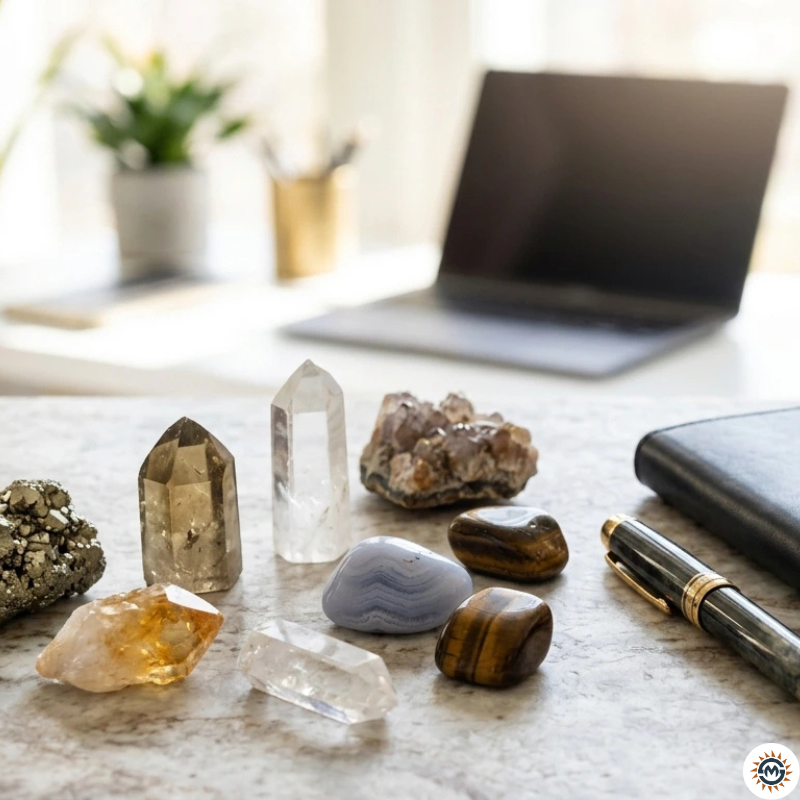 Healing crystals like Citrine, Clear Quartz, and Tiger's Eye arranged on a marble desk next to a laptop and pen in a bright modern home office for success and growth