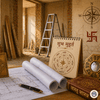 Ghar renovation site with vastu symbols and shubh muhurat concept showing construction work and vastu dosh related problems