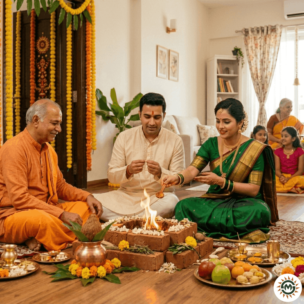 A traditional Indian family performing a Griha Pravesh pooja with a sacred havan fire, led by a priest in a beautifully decorated new home for an auspicious Shubh Muhurat.