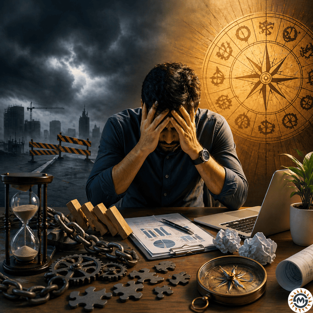 Kaam me delay aur rukawat dikhata stressed aadmi, galat muhurat aur vastu imbalance ki wajah se business problems concept image