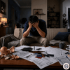 stressed man sitting in home surrounded by bills and broken piggy bank showing financial debt problem and money stress