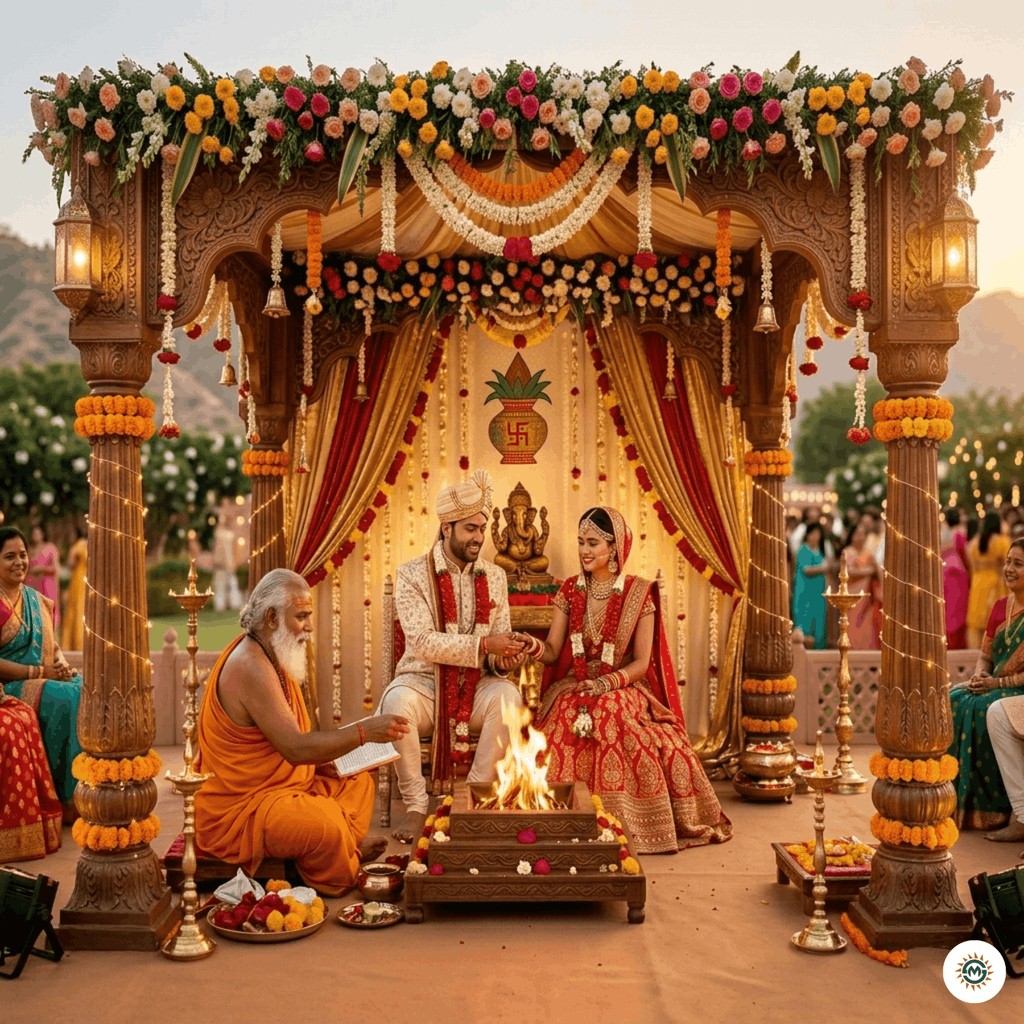 Traditional Hindu wedding ceremony in a decorated mandap with a bride, groom, and priest performing Vedic rituals for Shubh Muhurat.