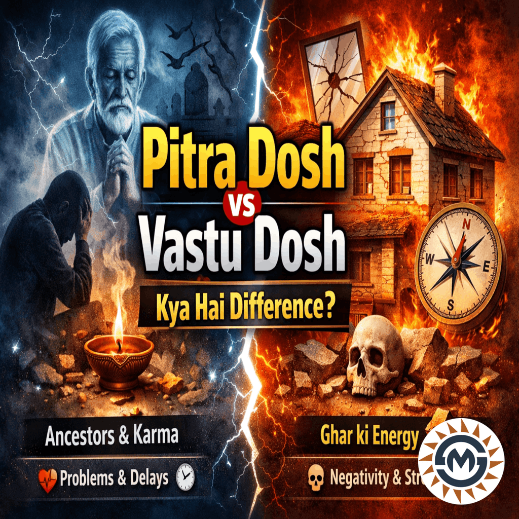Pitra Dosh vs Vastu Dosh difference showing ancestors karma problems and house energy negativity with stressed person and burning house visual