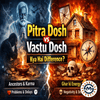 Pitra Dosh vs Vastu Dosh difference showing ancestors karma problems and house energy negativity with stressed person and burning house visual