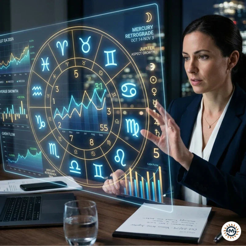 A high-quality, realistic photograph of a professional woman in a dark blazer working late in a modern office with a city skyline visible through the window at night. She gazes intensely at a glowing, transparent digital hologram floating above her desk.