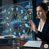 A high-quality, realistic photograph of a professional woman in a dark blazer working late in a modern office with a city skyline visible through the window at night. She gazes intensely at a glowing, transparent digital hologram floating above her desk.