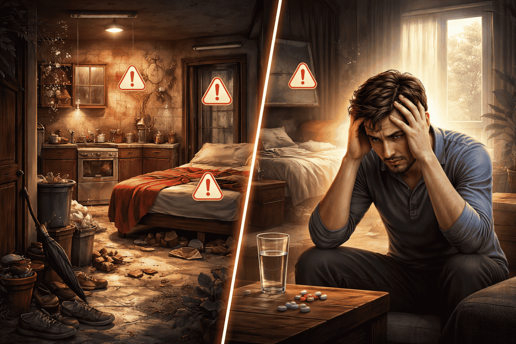 Vastu problems affecting health shown with cluttered home, leakage, blocked space and a stressed man suffering from health issues