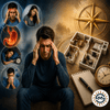 Man suffering from stress, headache, sleep issues, and health problems with house layout and Vastu compass indicating energy imbalance and Vastu dosh in home