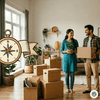 Illustrative image of a couple unpacking in a new apartment with a large compass overlay pointing North, symbolizing finding the right direction for a new home