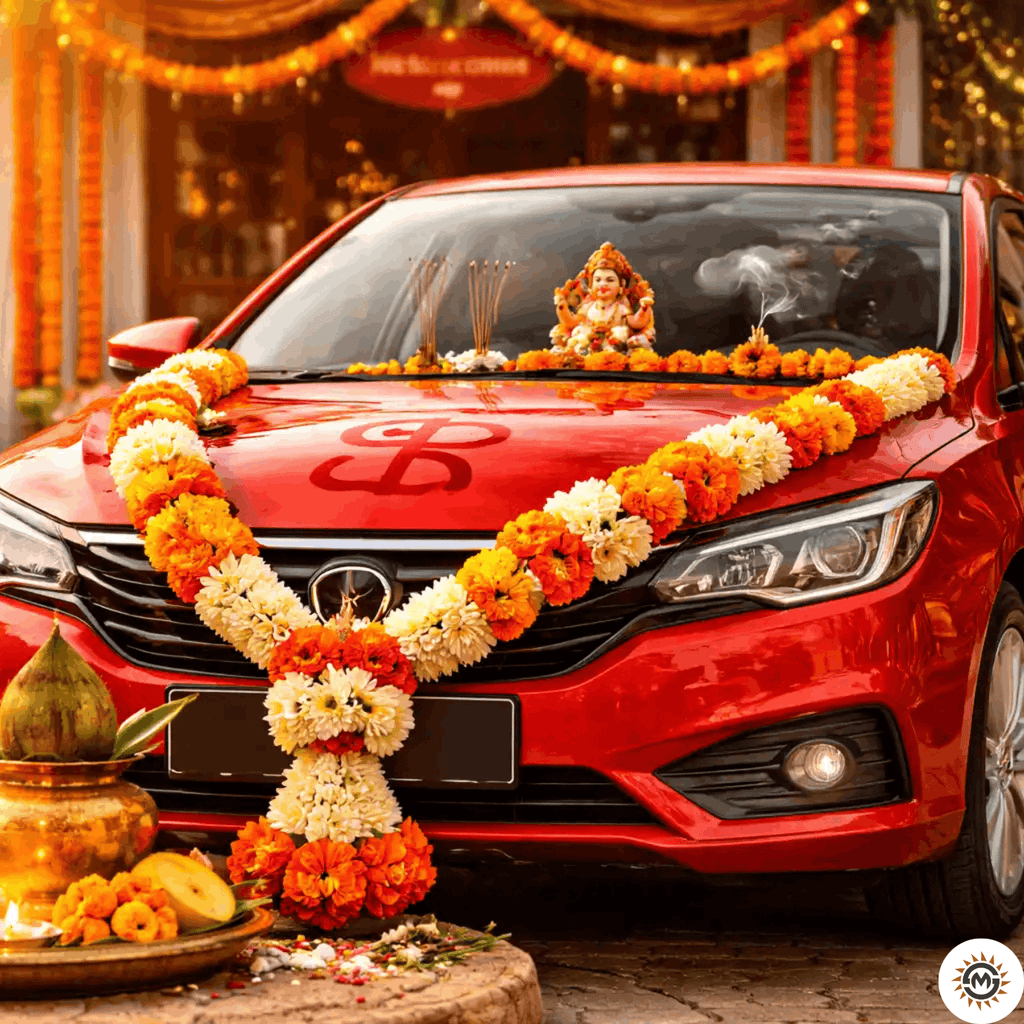 New car delivery with traditional Hindu Vahan Puja decorations including marigold garlands and Ganesha idol for Shubh Muhurat vehicle purchase 2026