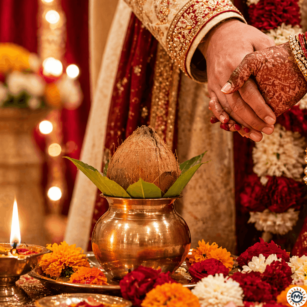 Indian wedding ritual scene showing bride and groom hands with kalash and diya symbolizing vivah muhurat and shadi ke shubh samay in vastu context