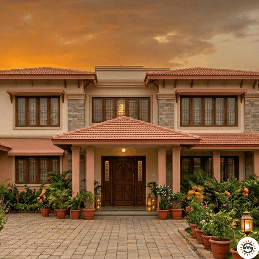 A simple and elegant west-facing independent Indian house with a terracotta tiled roof, a traditional wooden main door, and a lush front garden during a golden sunset