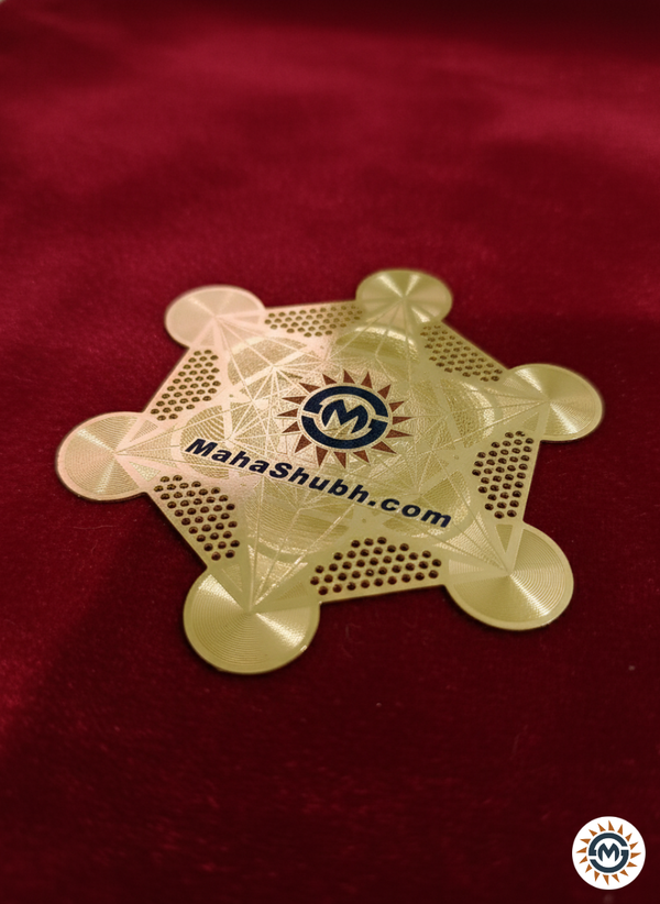 MahaShubh Energy Yantra etched on a gold-plated copper plate for Vastu correction and positive home vibrations