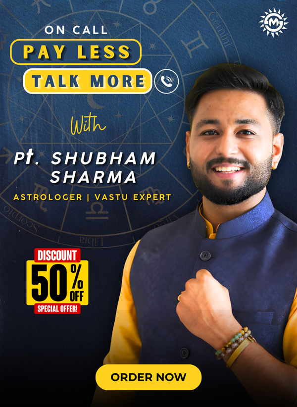 Promotional advertisement for astrologer Pt. Shubham Sharma with a discount offer on a blue background.